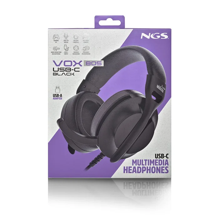 NGS VOX805 Auriculares de Diadema USB-C con Micrófono para Llamadas y Música, Cancelación de Ruido, Circumaurales Negros, Alámbricos, Plug & Play
