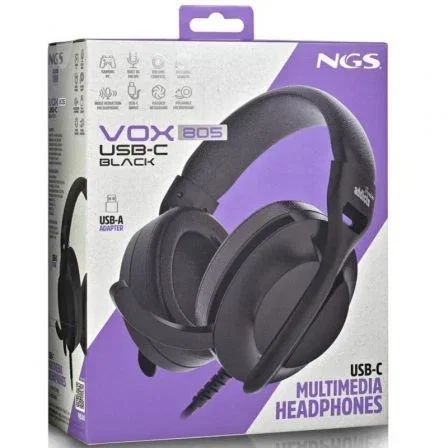 NGS Auriculares VOX805 USB-C con Micrófono Negros, Conexión USB-C y Adaptador USB-A, VOX805USBCBLACK