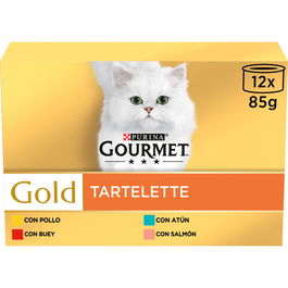 Gourmet Tartelette para Gatos, 8x12x85gr, Pollo/Salmón/Atún/Buey, Pastel con Trozos de Carne o Pescado
