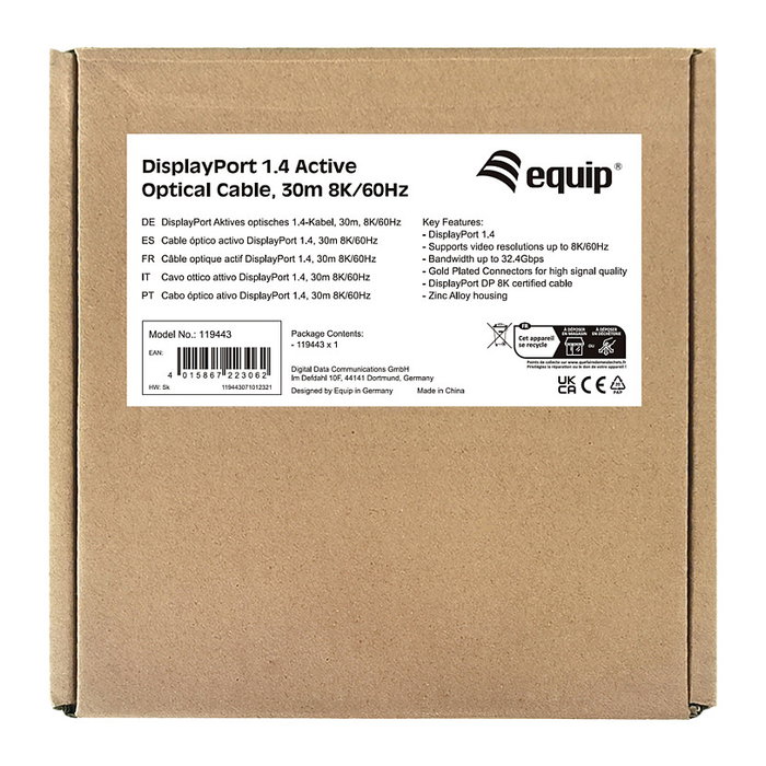 Equip Cable DisplayPort 1.4 AOC 30m 8K/60Hz Negro Equip Cable DisplayPort 1.4 AOC 30m 8K/60Hz Negro