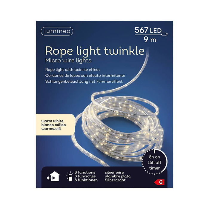 Lumineo - Cordón de Luces LED Exterior 9 m, 567 LEDs Blanco Cálido, 8 Funciones + Efectos, IP44, Cable Plateado 5 m, Total 14 m