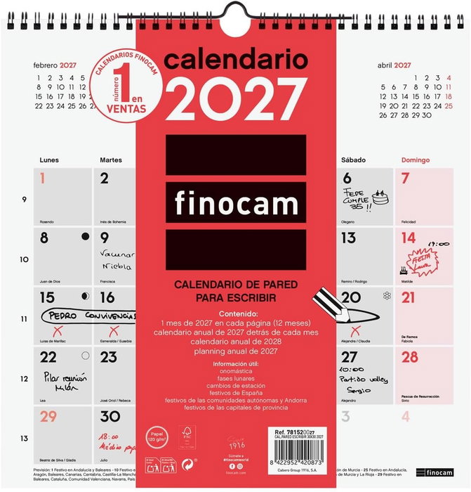 Finocam Calendario de Pared Anual 2027 para Escribir 30x30 cm