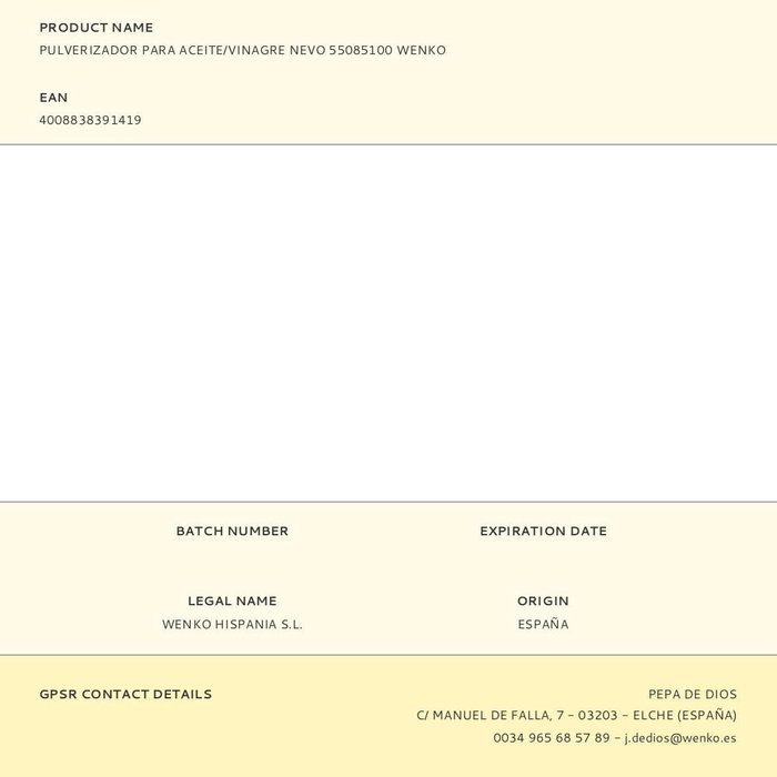 Wenko Nevo Pulverizador de Aceite o Vinagre 100 ml para Cocinar y Hornear, Apto para Lavavajillas sin Tapa