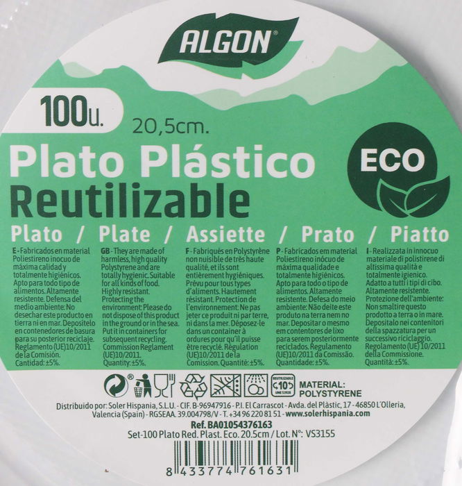 Algon Set 100 Plato Redondo Plástico Ecológico 20.5 cm (6 Unidades)