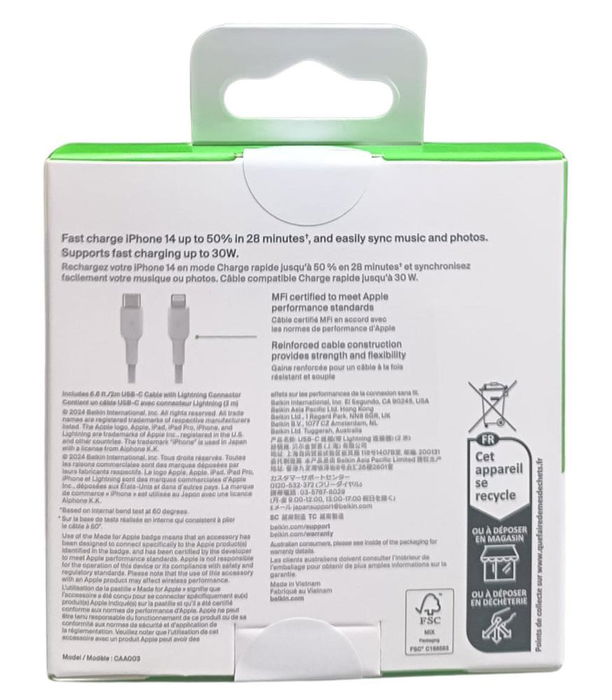 Belkin BOOST-CHARGE CAA003BT2MWH Cable USB-C a Lightning, 2m (2 metros), Blanco, Compatible con iPhone/iPad, Certificado MFi Belkin BOOST-CHARGE CAA003BT2MWH Cable USB-C a Lightning, 2m (2 metros), Blanco, Compatible con iPhone/iPad, Certificado MFi