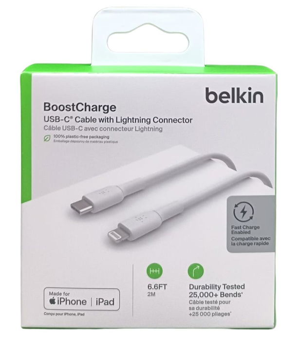 Belkin BOOST-CHARGE CAA003BT2MWH Cable USB-C a Lightning, 2m (2 metros), Blanco, Compatible con iPhone/iPad, Certificado MFi Belkin BOOST-CHARGE CAA003BT2MWH Cable USB-C a Lightning, 2m (2 metros), Blanco, Compatible con iPhone/iPad, Certificado MFi