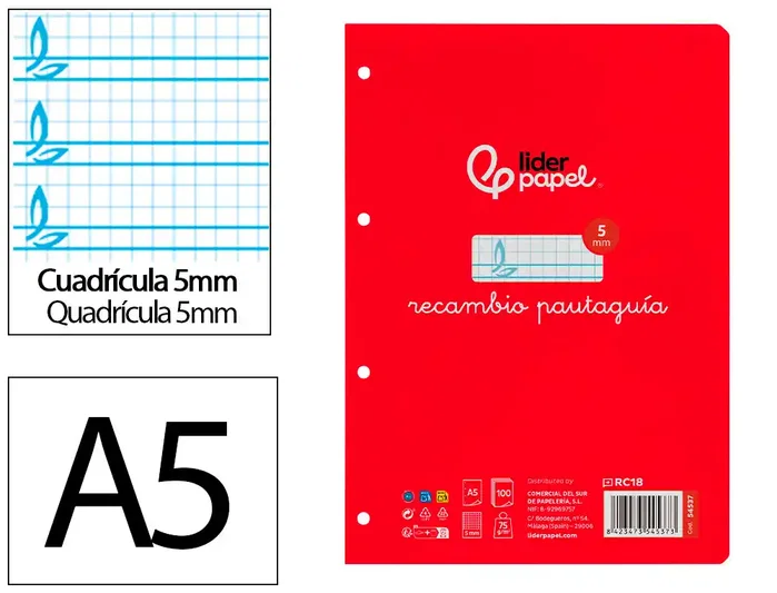 Liderpapel Recambio Cuarto Cuadriculado Pautado 100 Hojas 75gr con 6 Taladros Liderpapel Recambio Cuarto Cuadriculado Pautado 100 Hojas 75gr con 6 Taladros