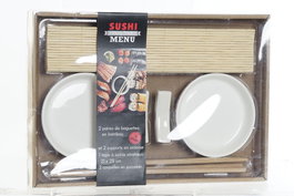 DKD Home Decor Set de Sushi de 7 Piezas de Bambú y Gres Natural y Blanco Checkered Dimensions 28,8x19,8x3 cm