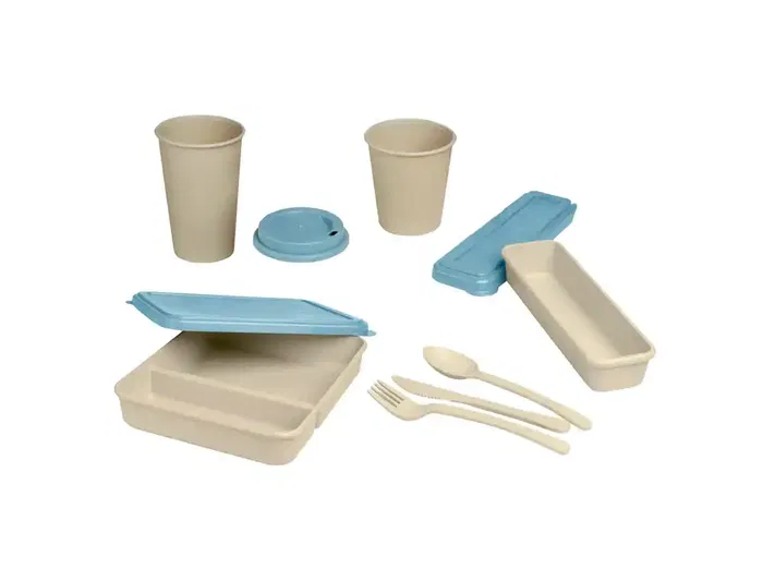 Exacompta Fiambrera Beige con Tapa Azul, 3 Cubiertos Reutilizables, 205x65x40 mm