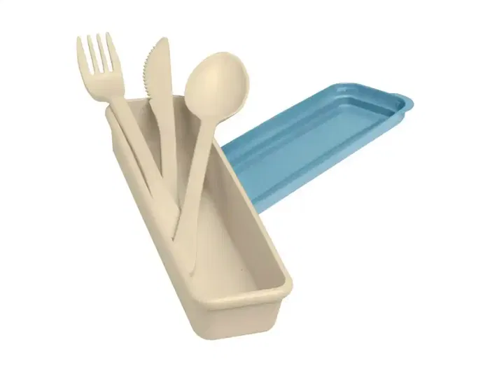 Exacompta Fiambrera Beige con Tapa Azul, 3 Cubiertos Reutilizables, 205x65x40 mm