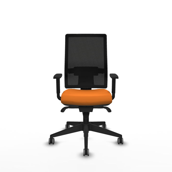 Silla de oficina Horna con mecanismo Sincro tapizada con Similpiel color Naranja y malla color Negro. Equipada con lumbar 1D, Brazos 1D y Ruedas 65 mm parqué