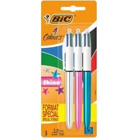 Bic Bolígrafo Retráctil 4 Colors Shine 9122751, 3 Unidades, 4 Colores de Tinta, Cuerpo Color Brillante