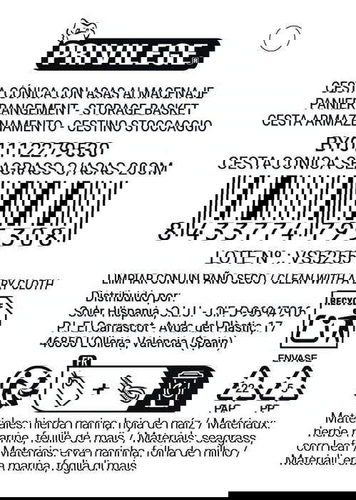 Privilege Cesta Cónica Seagrass con Asas 20 cm (24 Unidades)