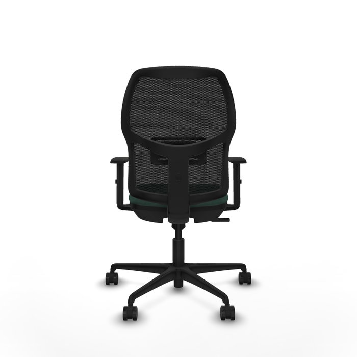 Silla de oficina Alfera con mecanismo Sincro tapizada con Tela color Verde botella y malla color Negro. Equipada con lumbar 1D, Brazos 1D y Ruedas 65mm nailon