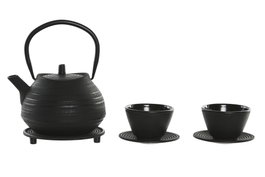 DKD Home Decor Tetera Oriental Negro Hierro Colado Inox Set de 3 Piezas Vasos Salvamantel 15 x 17 x 17 cm