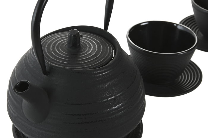 DKD Home Decor Tetera Oriental Negro Hierro Colado Inox Set de 3 Piezas Vasos Salvamantel 15 x 17 x 17 cm