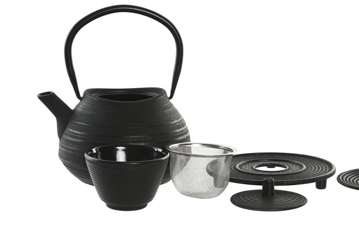 DKD Home Decor Tetera Oriental Negro Hierro Colado Inox Set de 3 Piezas Vasos Salvamantel 15 x 17 x 17 cm