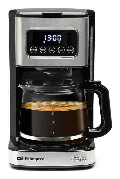 Orbegozo CG 6015 Cafetera de Goteo Programable con Reloj Digital, 15 Tazas (1.5L), Panel Táctil LED, Filtro Permanente, Negro y Acero Inoxidable