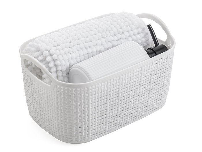 Berilo Set 3 Piezas para Baño Blanco (PP y Poliéster) - Incluye Alfombrilla, Cesta 23.7x16x14 cm y Dispensador - Color Blanco (Set de 12)