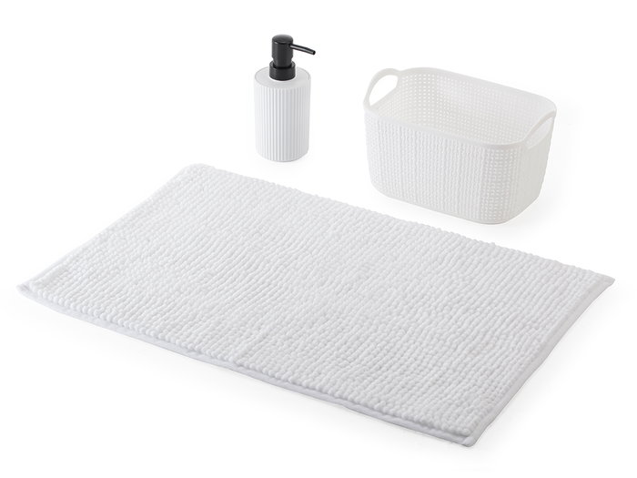 Berilo Set 3 Piezas para Baño Blanco (PP y Poliéster) - Incluye Alfombrilla, Cesta 23.7x16x14 cm y Dispensador - Color Blanco (Set de 12)