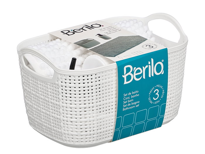 Berilo Set 3 Piezas para Baño Blanco (PP y Poliéster) - Incluye Alfombrilla, Cesta 23.7x16x14 cm y Dispensador - Color Blanco (Set de 12)