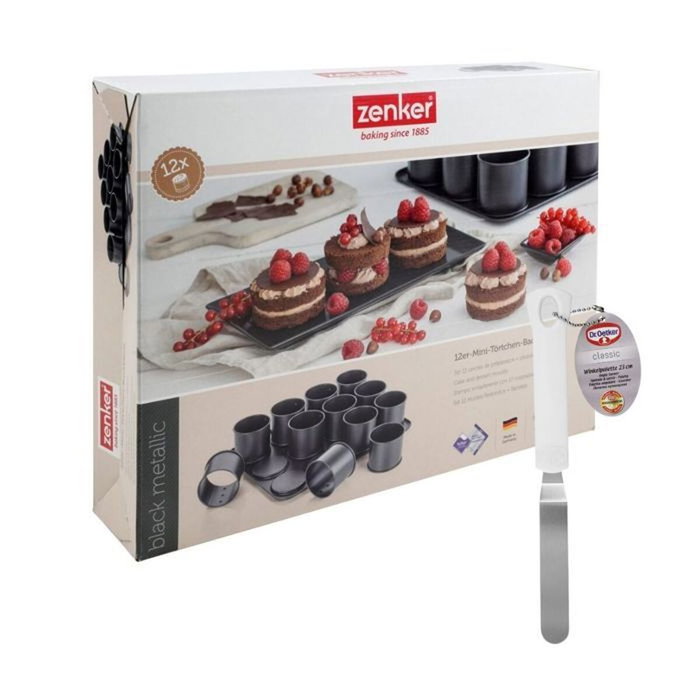 Zenker Bandeja para hornear mini pasteles y espátula para glaseado - Negro metalizado