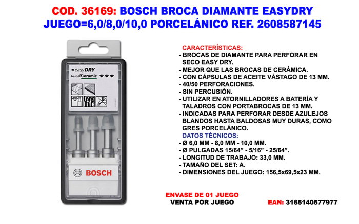 Bosch Juego de Brocas Diamante Easydry 6, 8, 10x33 mm Bosch Juego de Brocas Diamante Easydry 6, 8, 10x33 mm