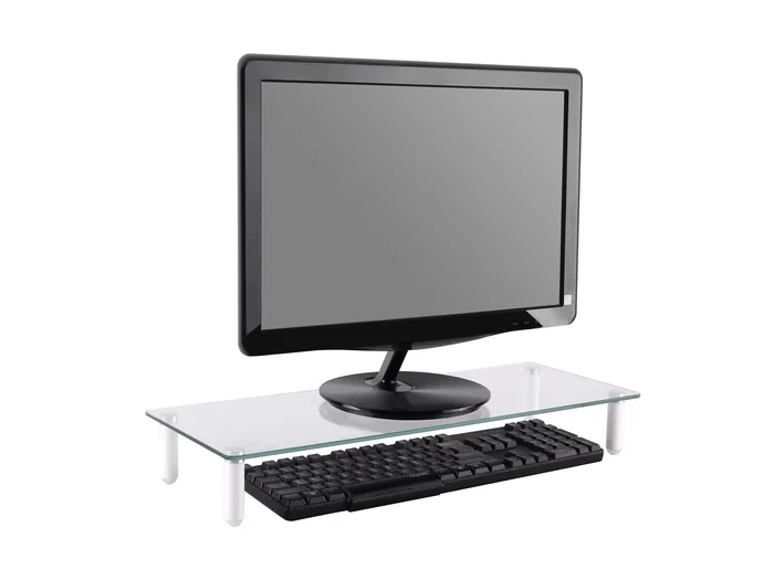 Equip 650882 Soporte de Mesa para Monitor de Cristal Templado, Transparente, Hasta 20 kg, Con Espacio de Almacenamiento Extra