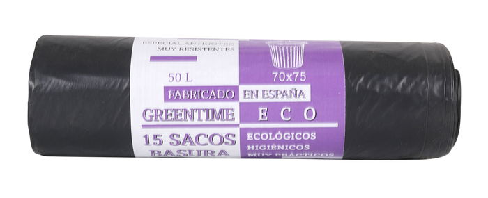 Greentime Sacos de Basura Ecologico Compostable, Pack de 15 Unidades, 70 x 75 cm, 50 Litros, Linea Greentime Eco (35 Unidades)