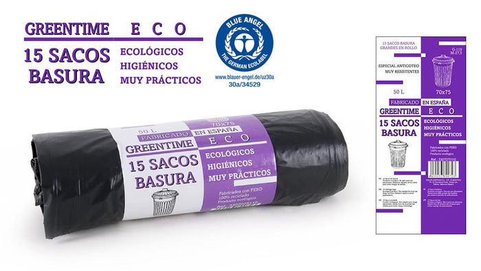 Greentime Sacos de Basura Ecologico Compostable, Pack de 15 Unidades, 70 x 75 cm, 50 Litros, Linea Greentime Eco (35 Unidades)