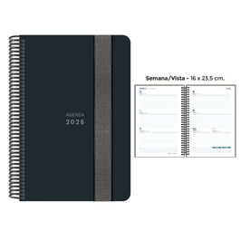 Agenda Anual (2026) Senfort Unicolor Espiral Tapa Pp Con Goma 160X235 S/V Negro