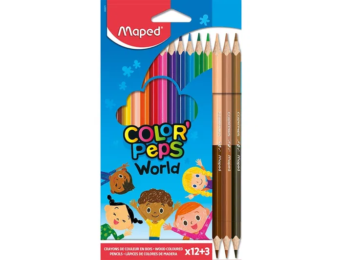 Maped Lápices de Colores Color Peps World Caja de 12 Colores Surtidos + 3 Duo Tonos de Piel