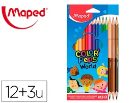 Maped Lápices de Colores Color Peps World Caja de 12 Colores Surtidos + 3 Duo Tonos de Piel