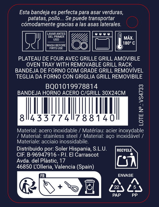 Inde Bandeja de Horno de Acero con Grill para Cocina y Asar, Medidas 30 x 24 x 5.5 cm (12 Unidades) Inde Bandeja de Horno de Acero con Grill para Cocina y Asar, Medidas 30 x 24 x 5.5 cm (12 Unidades)