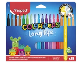 Maped Rotulador Color Peps Long Life - Punta Media - Tinta Ultralavable - Caja 18 Unidades Colores Surtidos