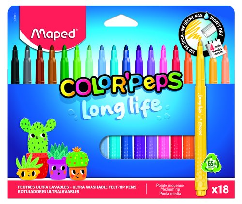 MAPED Rotuladores Color'Peps Long Life Ultralavables, 18 Colores Surtidos, Punta Media