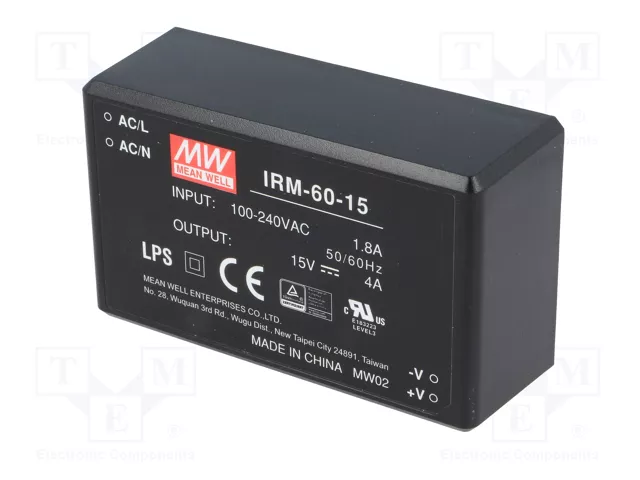 MEAN WELL IRM-60-15 Convertidor AC/DC 60W 15V 4A MEAN WELL IRM-60-15 Convertidor AC/DC 60W 15V 4A