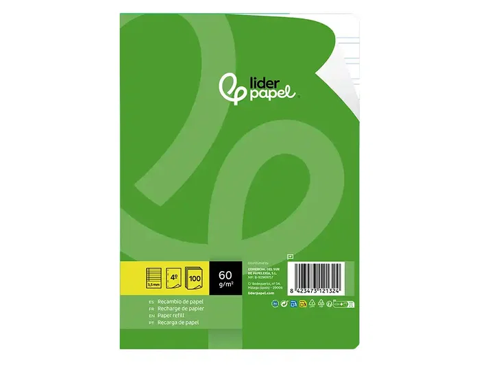 Liderpapel Recambio Cuarto 100 Hojas 60gr Pauta 3.5mm con Margen y 6 Taladros Liderpapel Recambio Cuarto 100 Hojas 60gr Pauta 3.5mm con Margen y 6 Taladros