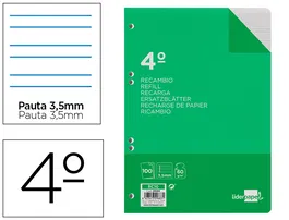Liderpapel Recambio Cuarto 100 Hojas 60gr Pauta 4ª 3.5mm con Margen 6 Taladros