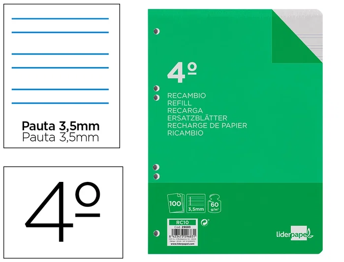 Liderpapel Recambio Cuarto 100 Hojas 60gr Pauta 3.5mm con Margen y 6 Taladros Liderpapel Recambio Cuarto 100 Hojas 60gr Pauta 3.5mm con Margen y 6 Taladros