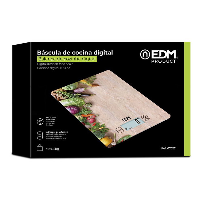 EDM Báscula Digital de Cocina Modelo 2 - 5 kg Máximo, División 1 g, Pantalla LCD Táctil, Acabado en Cristal, Color Madera - 14 x 19.5 cm