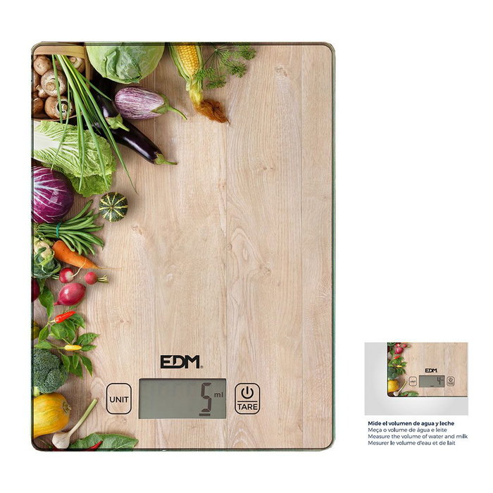 EDM Báscula Digital de Cocina Modelo 2 - 5 kg Máximo, División 1 g, Pantalla LCD Táctil, Acabado en Cristal, Color Madera - 14 x 19.5 cm