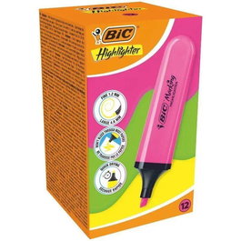 BIC Caja de 12 Marcadores Fluorescentes Subrayadores Highlighter Flat, Color Rosa Neón