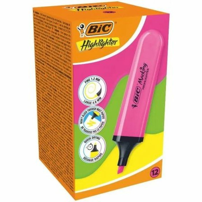 Bic Marcadores Fluorescentes Highlighter Flat Rosa Neón, Caja de 12 unidades