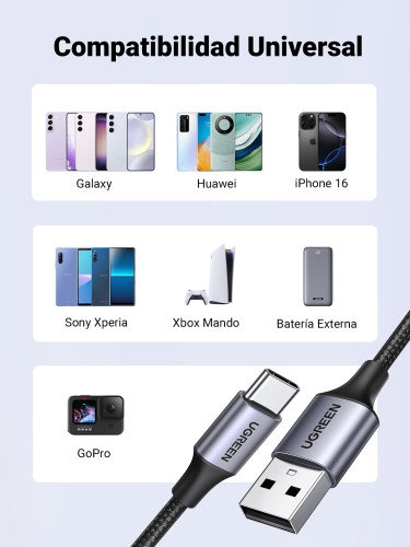 UGREEN 60126 Cable USB C a USB A de 1m, Carga Rápida 3A, Negro/Gris