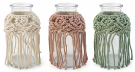 DKD Home Decor Portavelas de Cristal y Algodón con Flecos Surtidos