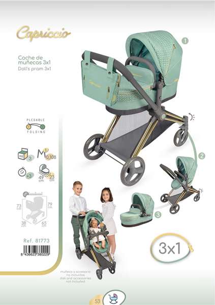Decuevas Coche de muñeca 3x1 plegable, para muñecas de hasta 50 cm. Material metal, plástico y poliéster