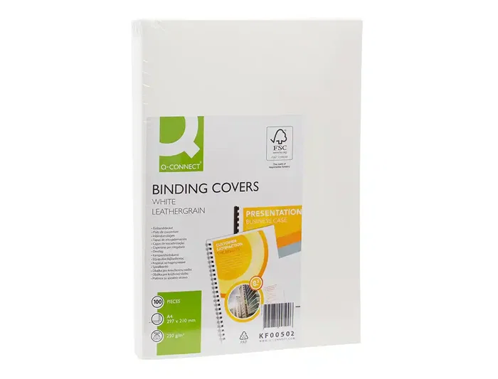 Q-connect Tapas de Encuadernación Cartón Simil Piel Blanco DIN A4 Caja 100 Unidades