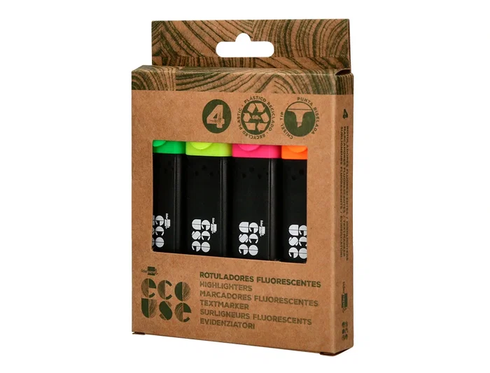 Liderpapel Rotulador Fluorescente Ecológico de Plástico Reciclado, Caja de 4 Unidades, Colores Surtidos