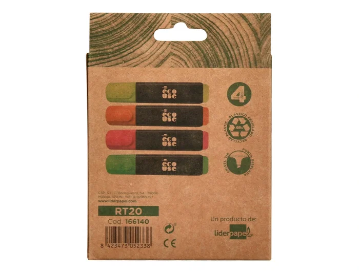 Liderpapel Rotulador Fluorescente Ecológico de Plástico Reciclado, Caja de 4 Unidades, Colores Surtidos